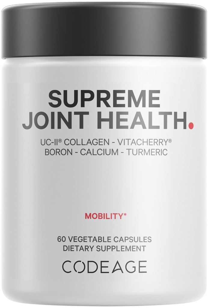 Codeage Supreme Joint Health, UC-II Colagen Capsule de tip II, VitaCherry Sport Cireșe, Bor, calciu Fructoborat, Acid hialuronic, Turmeric, Bromelain & Boswellia Supliment, Non-GMO, 60 Conte