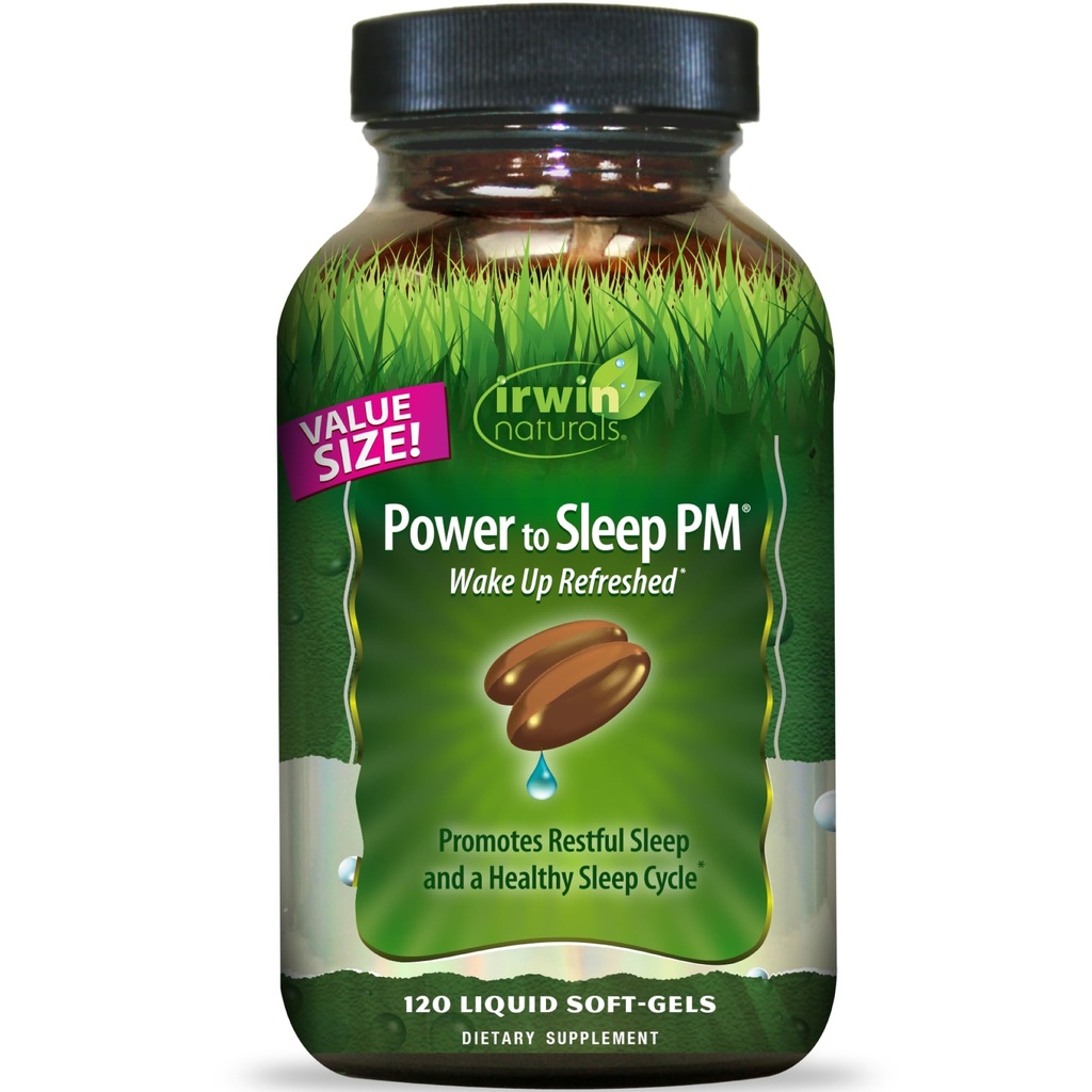 Irwin Naturals Power to Sleep PM - 120 lichid Soft-Gels - cu Melatonina, GABA, Ashwagandha, Valerian Root & L-Teanină - 60 serviri