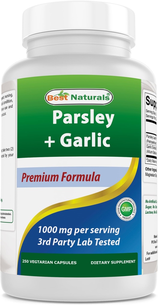 Cel mai bun pătrunjel natural și usturoi 1000 mg per Servire 250 Capsule vegetariene. Fără gluten şi fără GMO.