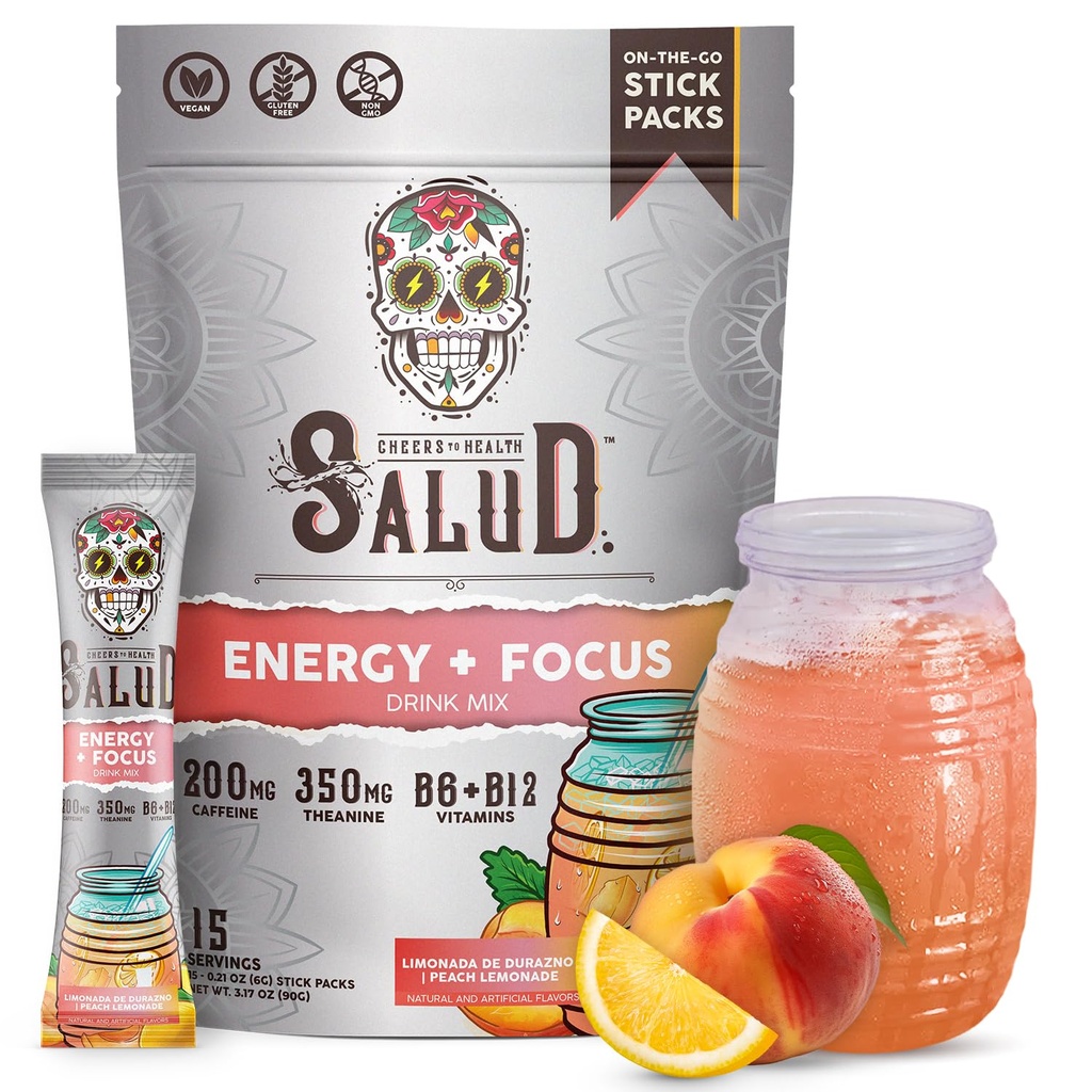Salud 2-in-1 Energetic Drink Powder + Focus, Peach Lemonade, Organic Caffeine, B6 + B12, Theanine, Clean Energy Drink Packets, Agua Freesca Mix, Non-GMO, Gluten Free, Vegan, 1g de zahăr, (15 Servings)