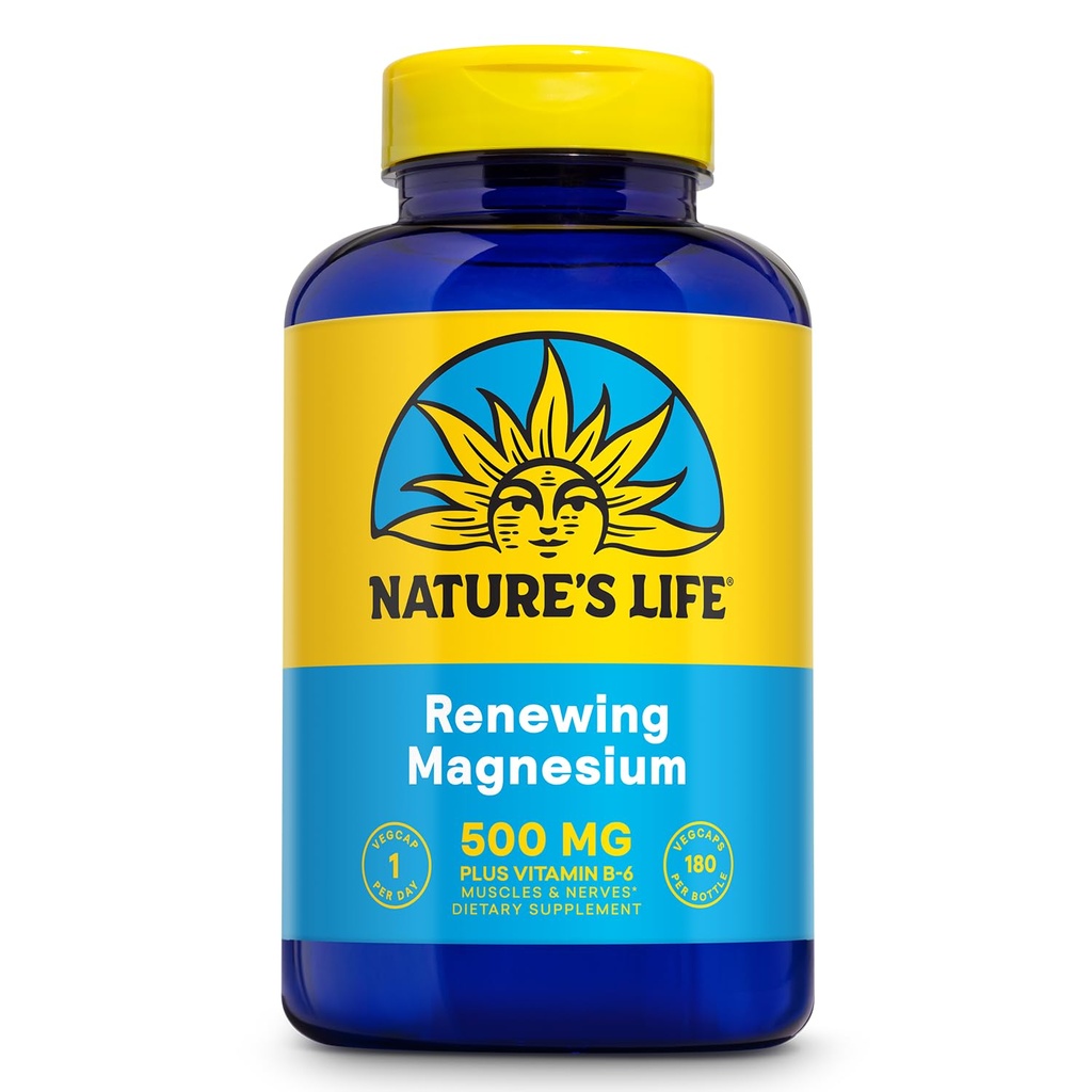 Naturas Life Reînnoirea magneziu 500 mg - Plus vitamina B-6 - Suport musculare și nervi - Lab verificat (180 Servings, 180 VegCaps)
