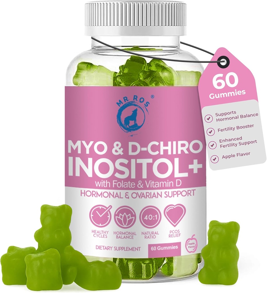 Inositol Gumies POS cu Folate & Vitamin D - Myo & D-Chiro Inositol Blend, 40:1 Ratio, 60 Apple Flavor Gummies