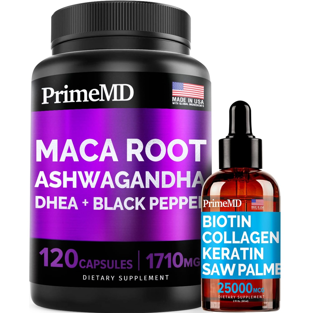 4-in-1 Liquid Biotin Collagen Keratin Saw Palmetto picături (2 fl oz - 1 pachet) & 6-in-1 Maca Root Ashwagandha w Black Pepper Fruit (120ct) Bundle - păr, piele, unghii, energie și supliment de suport Mood