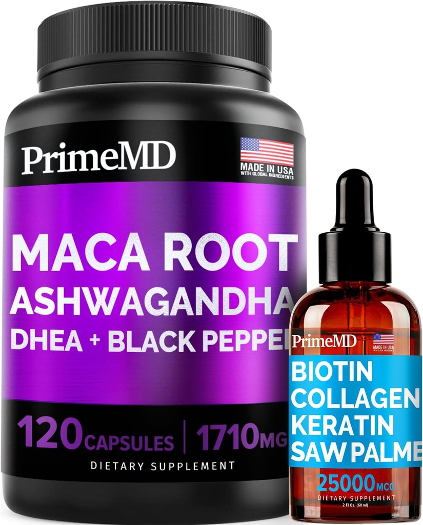 4-in-1 Liquid Biotin Collagen Keratin Saw Palmetto picături (2 fl oz - 1 pachet) & 6-in-1 Maca Root Ashwagandha w Black Pepper Fruit (120ct) Bundle - păr, piele, unghii, energie și supliment de suport Mood