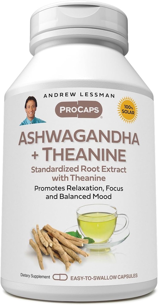 ANDREW LESSMAN Ashwagandha + Theanine 60 Capsule - Extract standardizat. Promovează relaxarea, concentrarea şi echilibrul dispoziţiei. Capsule mici uşor de înghiţit