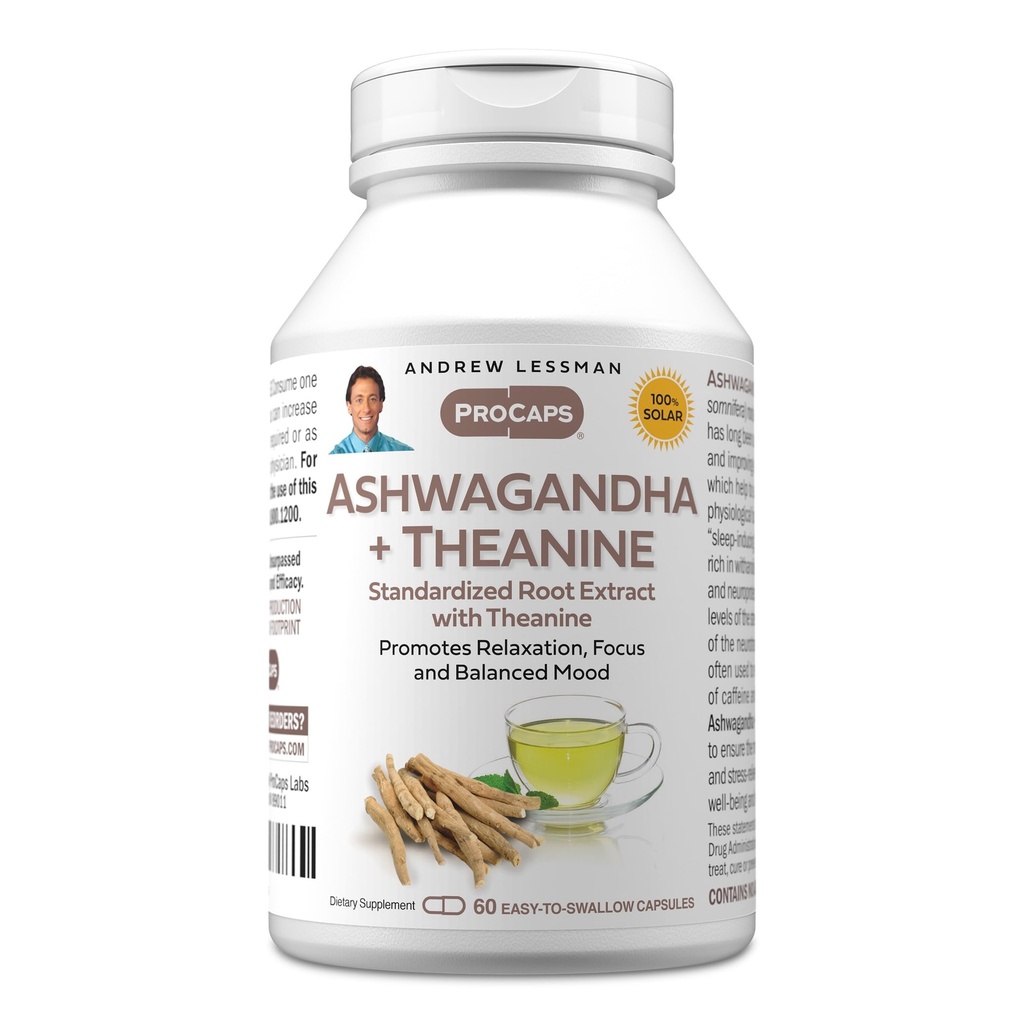 ANDREW LESSMAN Ashwagandha + Theanine 60 Capsule - Extract standardizat. Promovează relaxarea, concentrarea şi echilibrul dispoziţiei. Capsule mici uşor de înghiţit