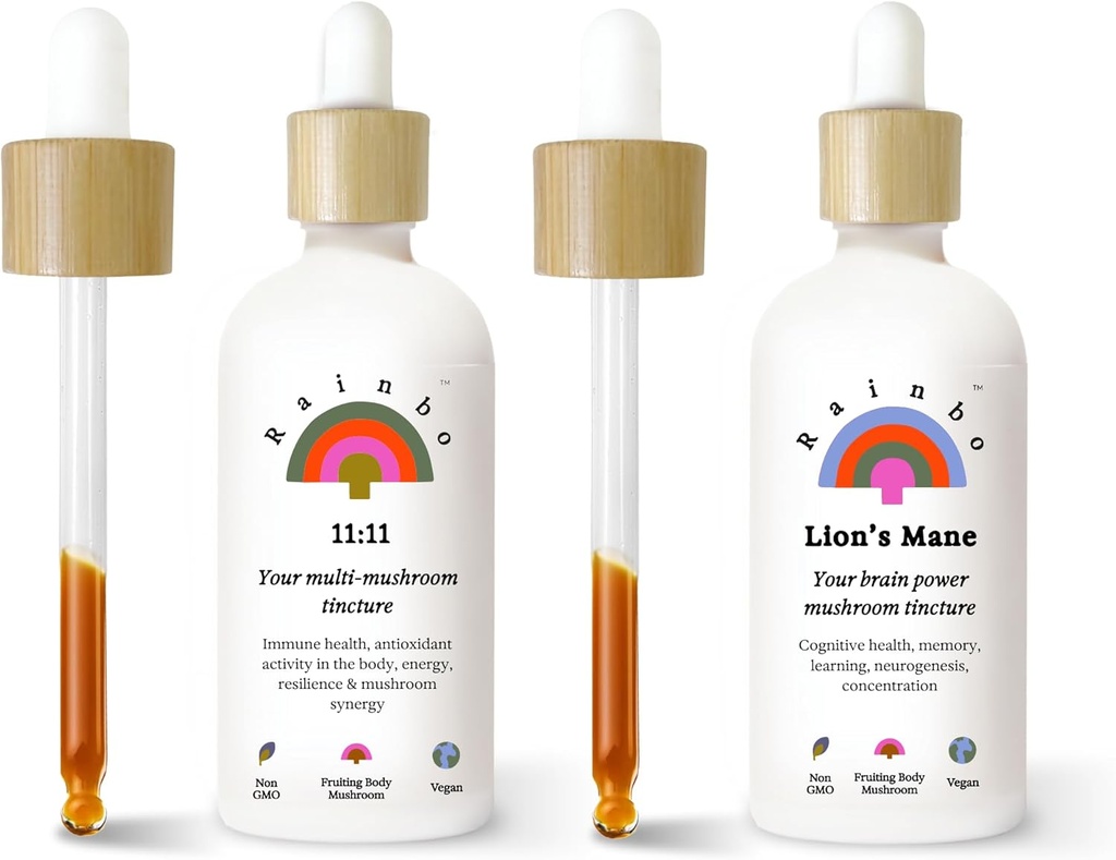 Rainbo Fan Favorite Bundle, 11:11 Multi Mushroom Extract + Lion Mane Mushroom Tincture, Dual Extract Zilnic Tincturi ciuperci pentru suport imunitar cuprinzător, Vegan lichid suplimente ciuperci