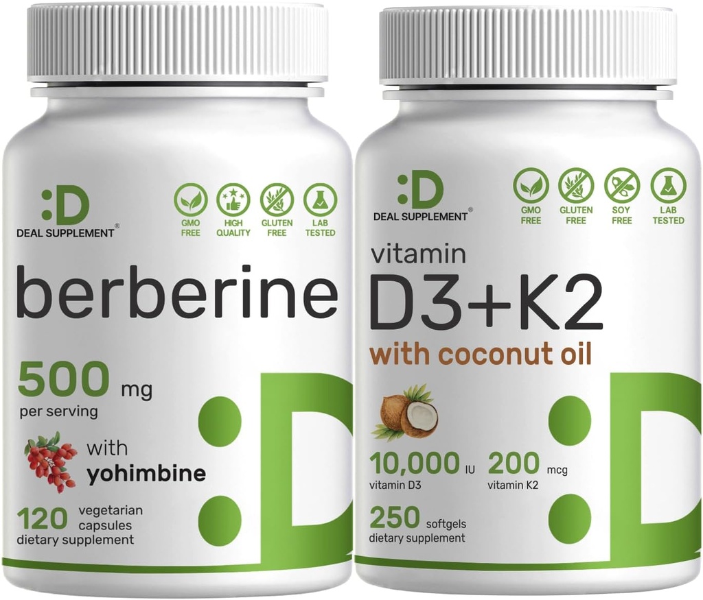 Suplement DEAL Vitamina D3 10.000iu + K2 200mcg Softgels & Berberine Supliment cu Yohimbine Bundle 
