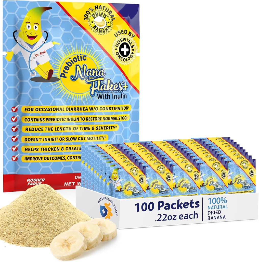 Prebiotic Nana Flakes 100% Pur Banana Flakes Medical Food Pulbere, Scăderea grăsimii de admisie & Remediu natural pentru diaree & inima arde - Marea sursă de proteine & Fibră - Servire unică (100 Pachete)