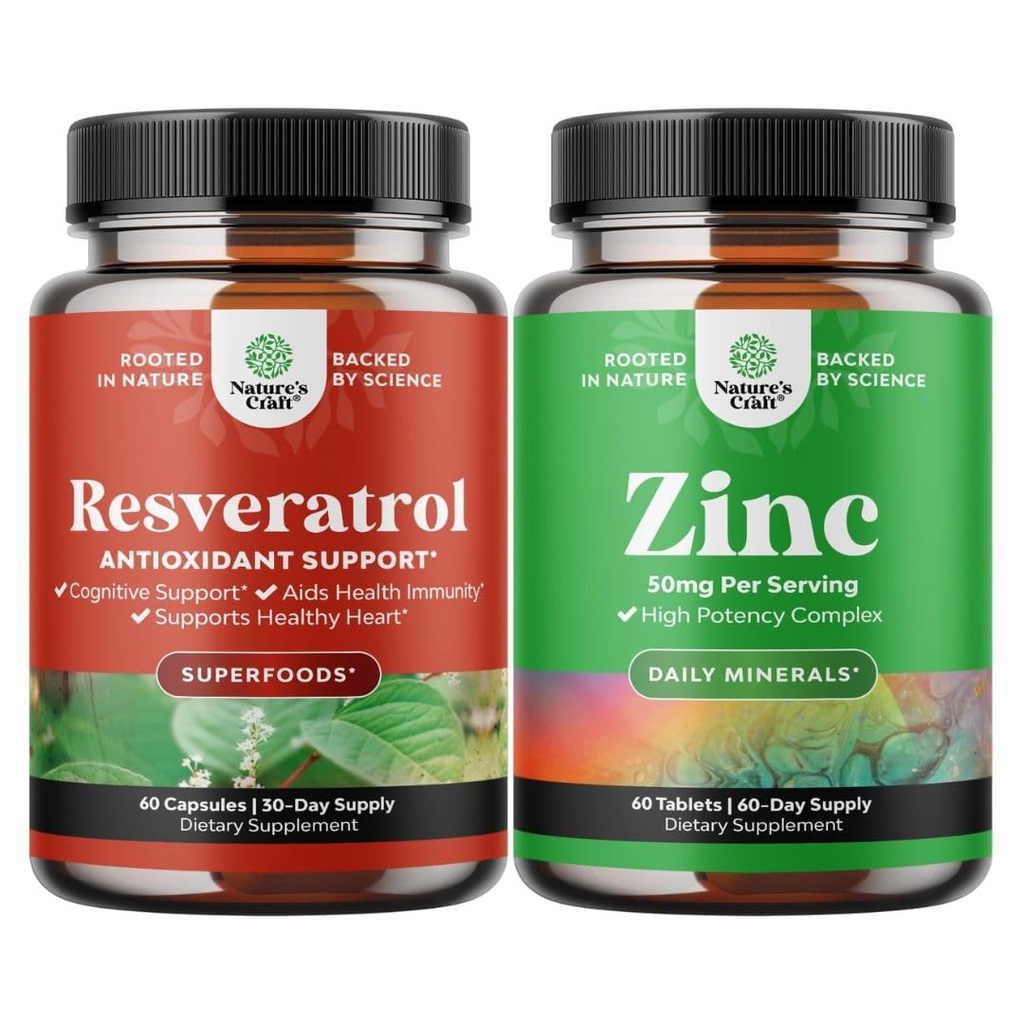 Bundle of Youthful Trans Resveratrol - Capsule Resveratrol cu Activator AMPK pentru Sănătate Cellulară & Vitality și Zinc 50mg Suport Imun - Complex de zinc pentru a îmbunătăți pielea și unghiile părului