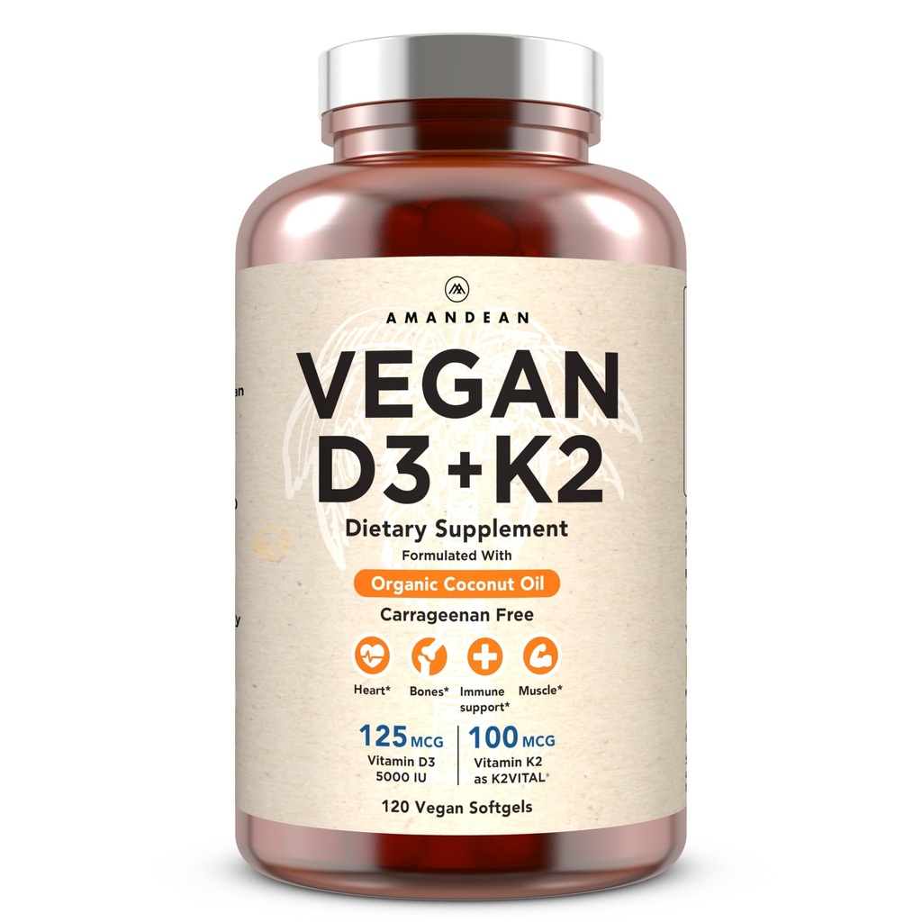 AMANDEAN Vegan Vitamina D3 K2. 5000 ui din Algae. All-Trans MK-7. 120 Softgels. Plant-Based & Caragenan Free. Organic de ulei de cocos Blend. pentru Mood, Oase, Inima, Immune Health (Packing May Vary)