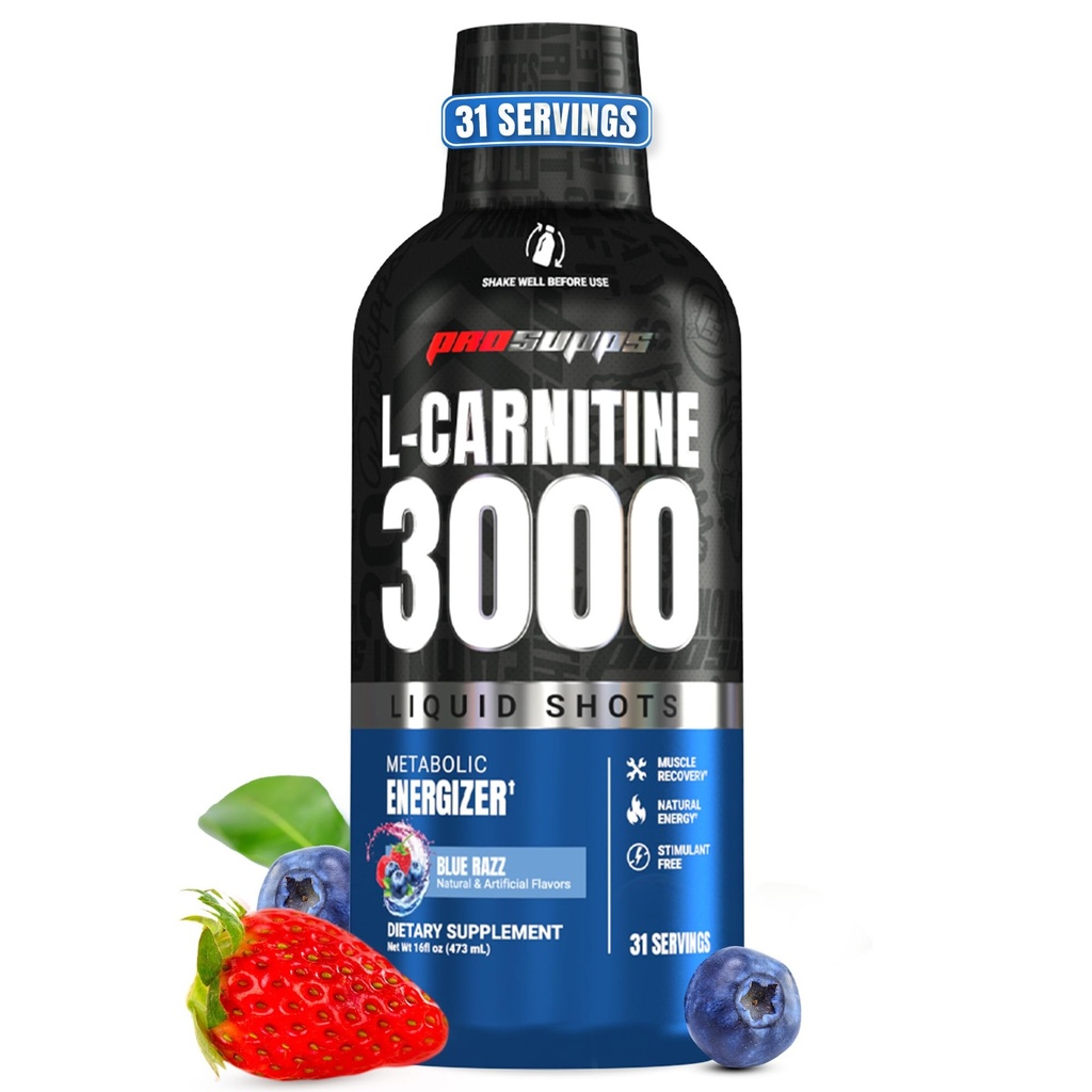 PROSUPPS L-Carnitina Liquid 3000, Stimulant-Free Liquid Shots pentru bărbați și femei - Curat de antrenament băutură pentru energie, performanță și recuperare musculară - Fără zahăr, fără carbohidrați - 31 Serviri, Blue Razz