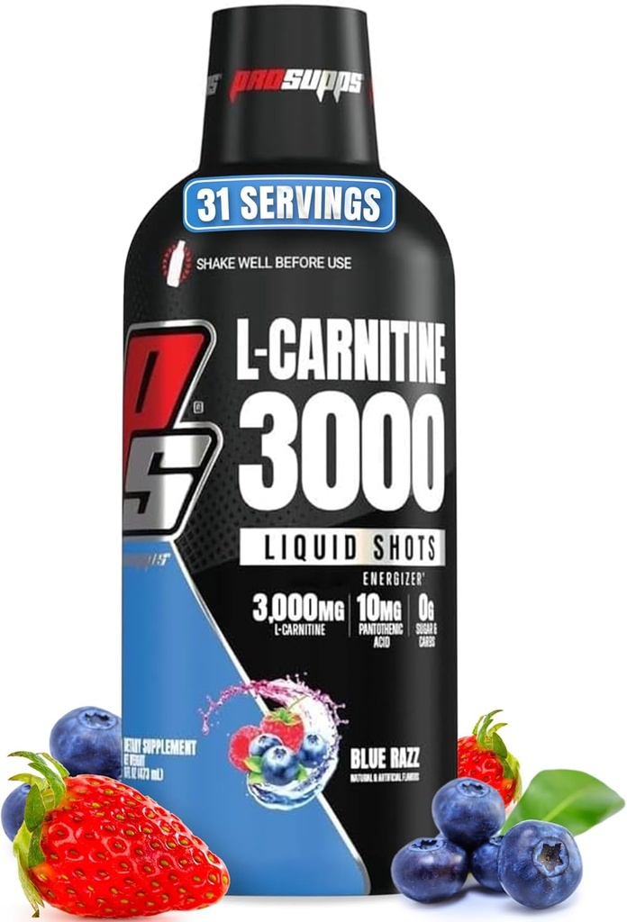 PROSUPPS L-Carnitina Liquid 3000, Stimulant-Free Liquid Shots pentru bărbați și femei - Curat de antrenament băutură pentru energie, performanță și recuperare musculară - Fără zahăr, fără carbohidrați - 31 Serviri, Blue Razz