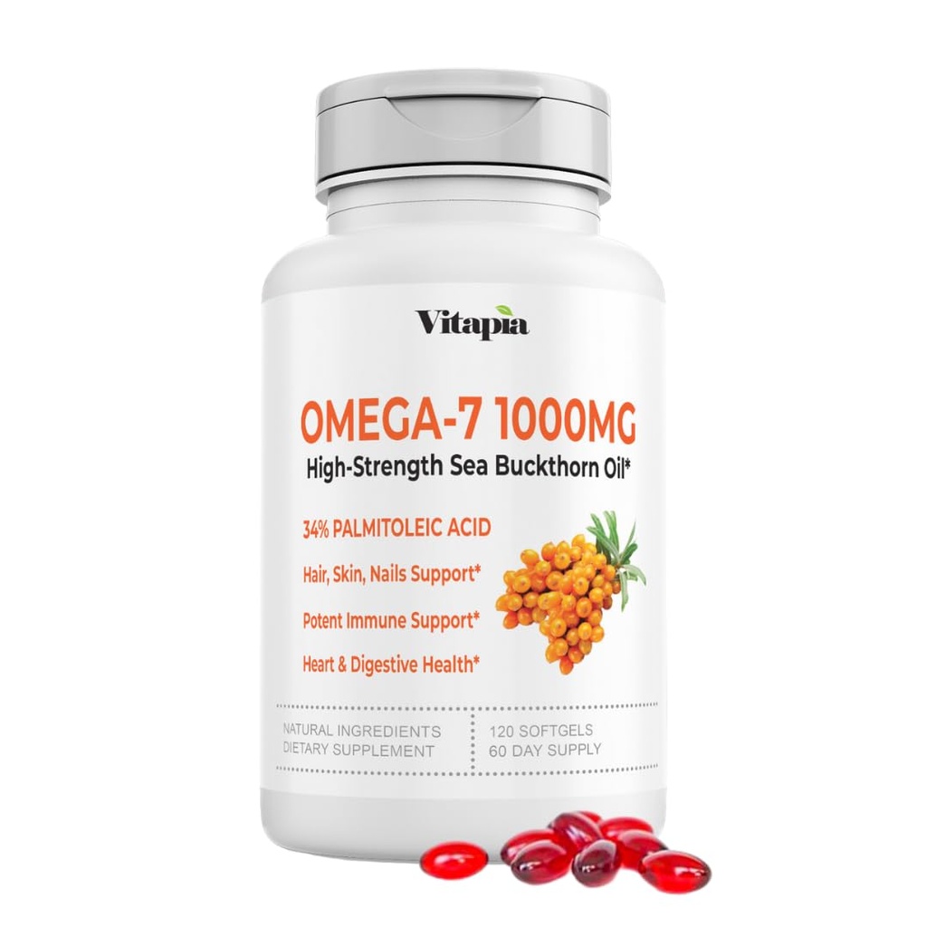 Vitapia Omega 7 Sea Buckthorn ulei Berry 1000mg pentru păr, piele, unghii, suport de sănătate cardiacă - 34% Acid palmitoleic & Omega naturale 3 6 9 acid gras - 120 capsule, non-GMO, gluten-free