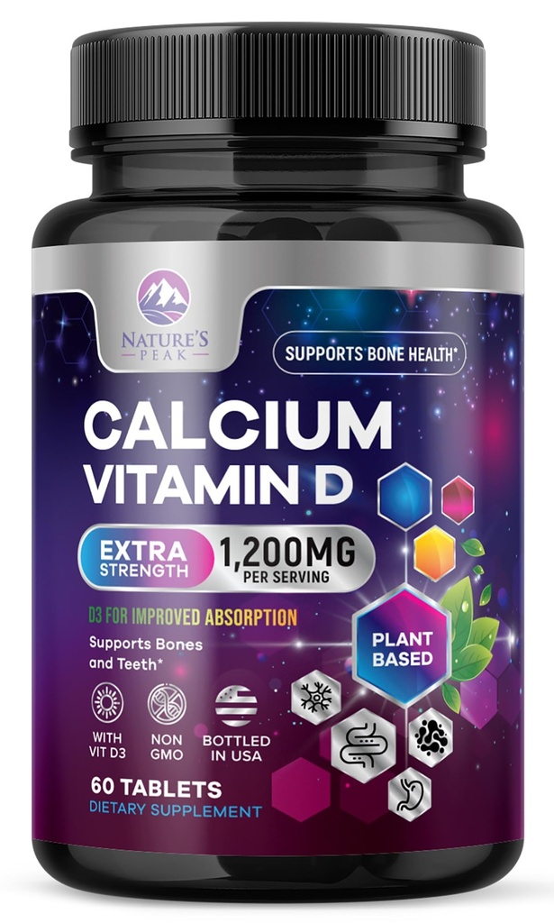 Calciu 1200 mg cu vitamina D3, Suplimentul de calciu Vitamine, Bone, Dinți și Imun Health Supplements cu D pentru femei și bărbați, carbonat de calciu absorbabil al naturii - 60 comprimate