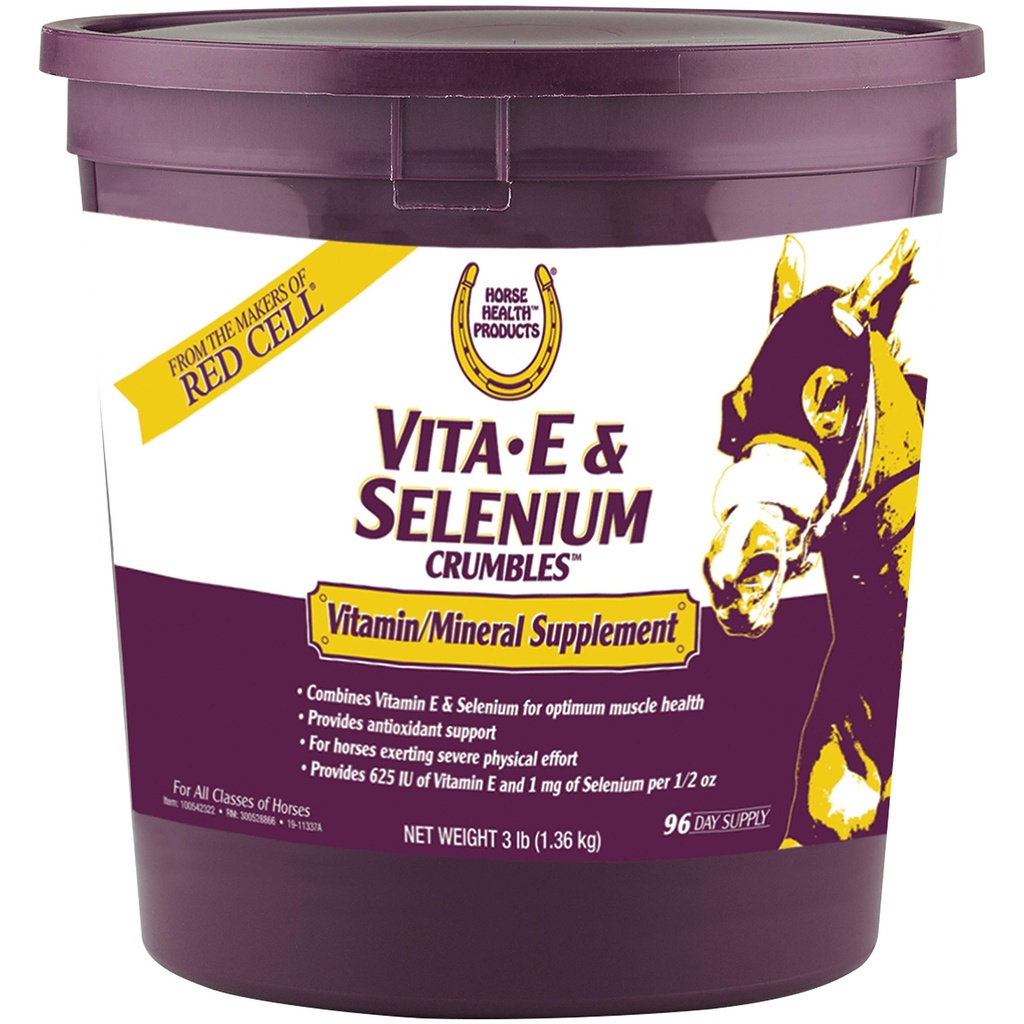 Farnam Horse Health Vita E & Selenium Crumbles Horse Vitamin Supplement, Suportul optim pentru sănătate musculară și antioxidant, 3 lbs., 96 zile de aprovizionare