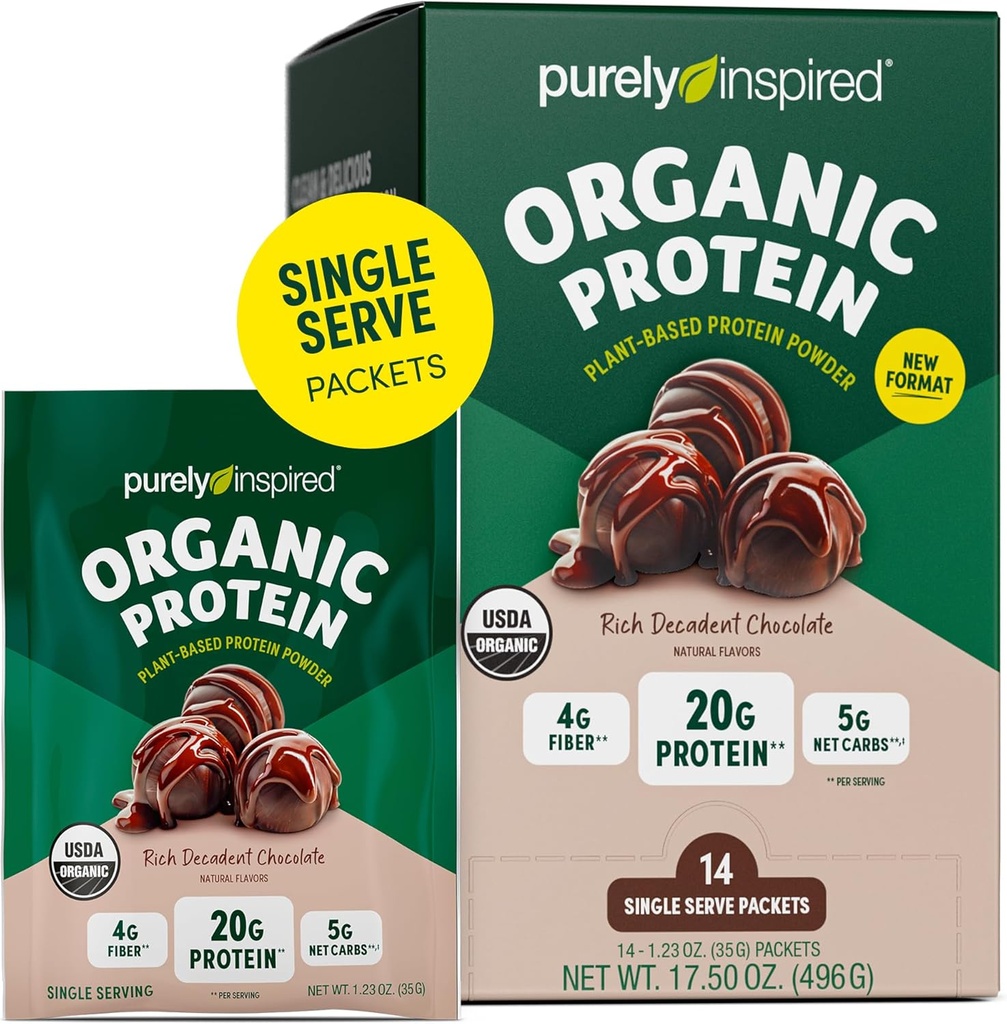Pur Inspirat Organic Pudră de proteine, 14 Pachete de unică servire, Ciocolată bogată decadent - 20g de pulbere de proteine pe bază de plante pentru smoothies & Shakes - lactate-free, non-GMO - pentru bărbați și femei
