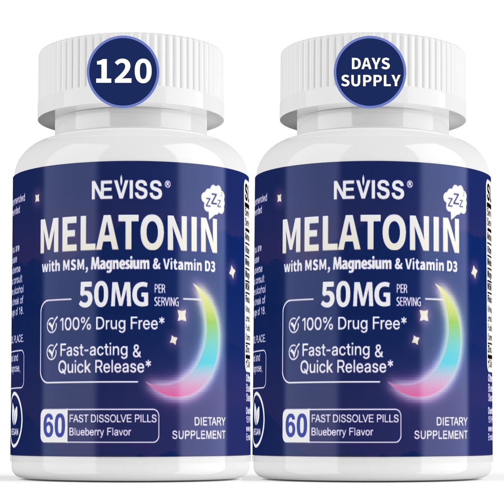 NEVASS Melatonin 50 mg pentru adulţi - Extra Putere 9-in-1 Dizolvare rapidă Sublingual - doză mare cu glicinat de magneziu, vitamina D3, Ashwagandha, Lemon Balm, Mușețel, Zahăr fără,Vegan 120 comprimate
