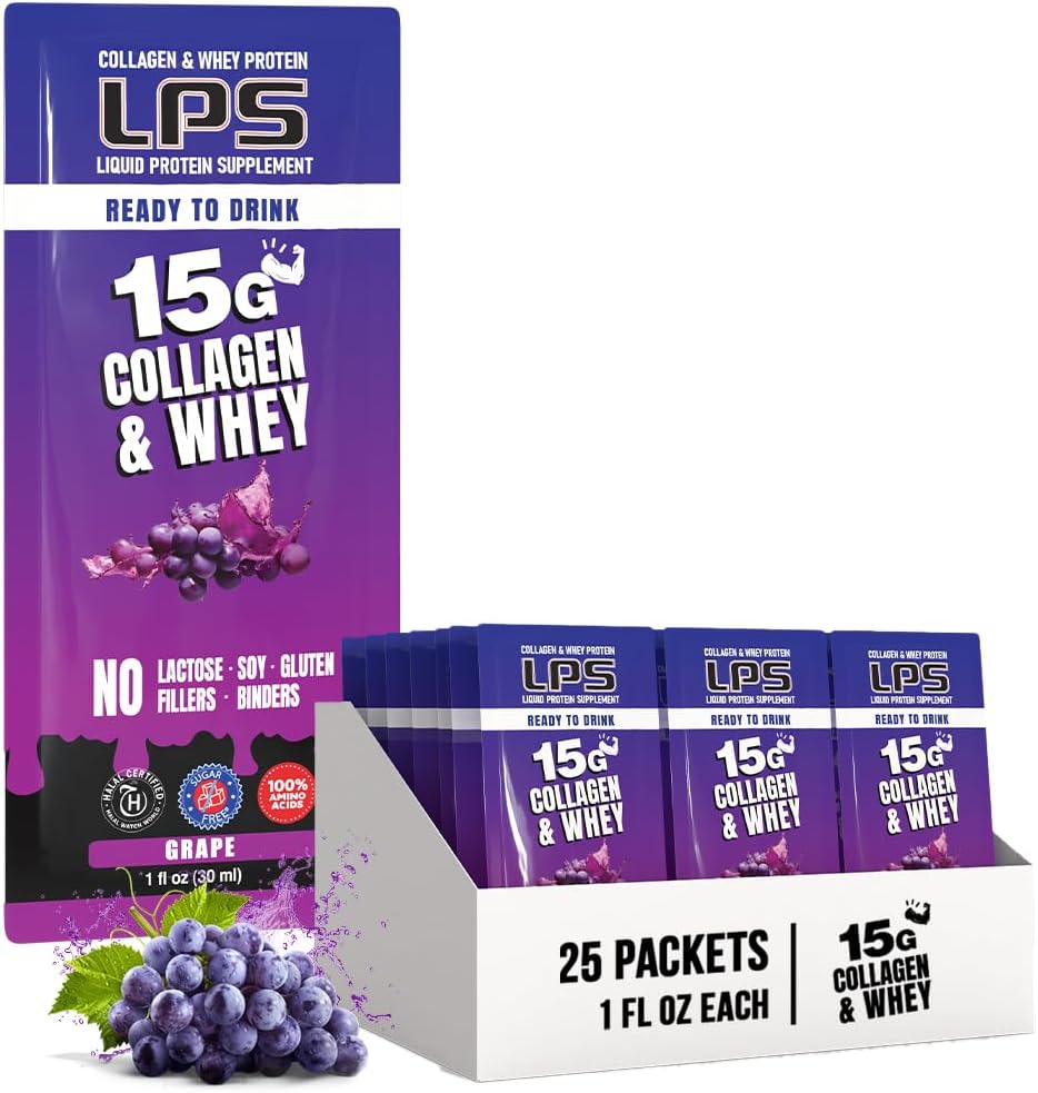 Designuri nutriționale LPS lichid Colagen & whey supliment de proteine - non-GMO băutură, zahăr-gratuit - promovează sănătos piele și păr pentru bărbați și femei, struguri, singur Servi (25 Pachete)