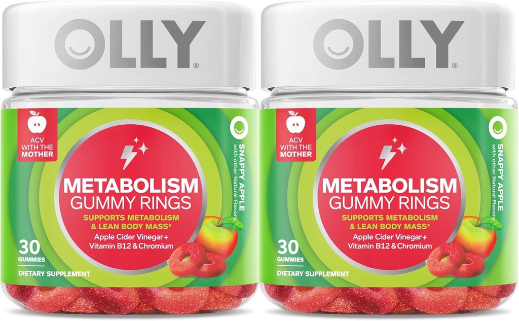 OLLY Metabolism Gummy Inele, Oţet de cidru de mere, Vitamina B12, Crom, Energie şi Digestive Health, Supliment masticabil, Aroma de mere, Twin Pack - 60 Conte