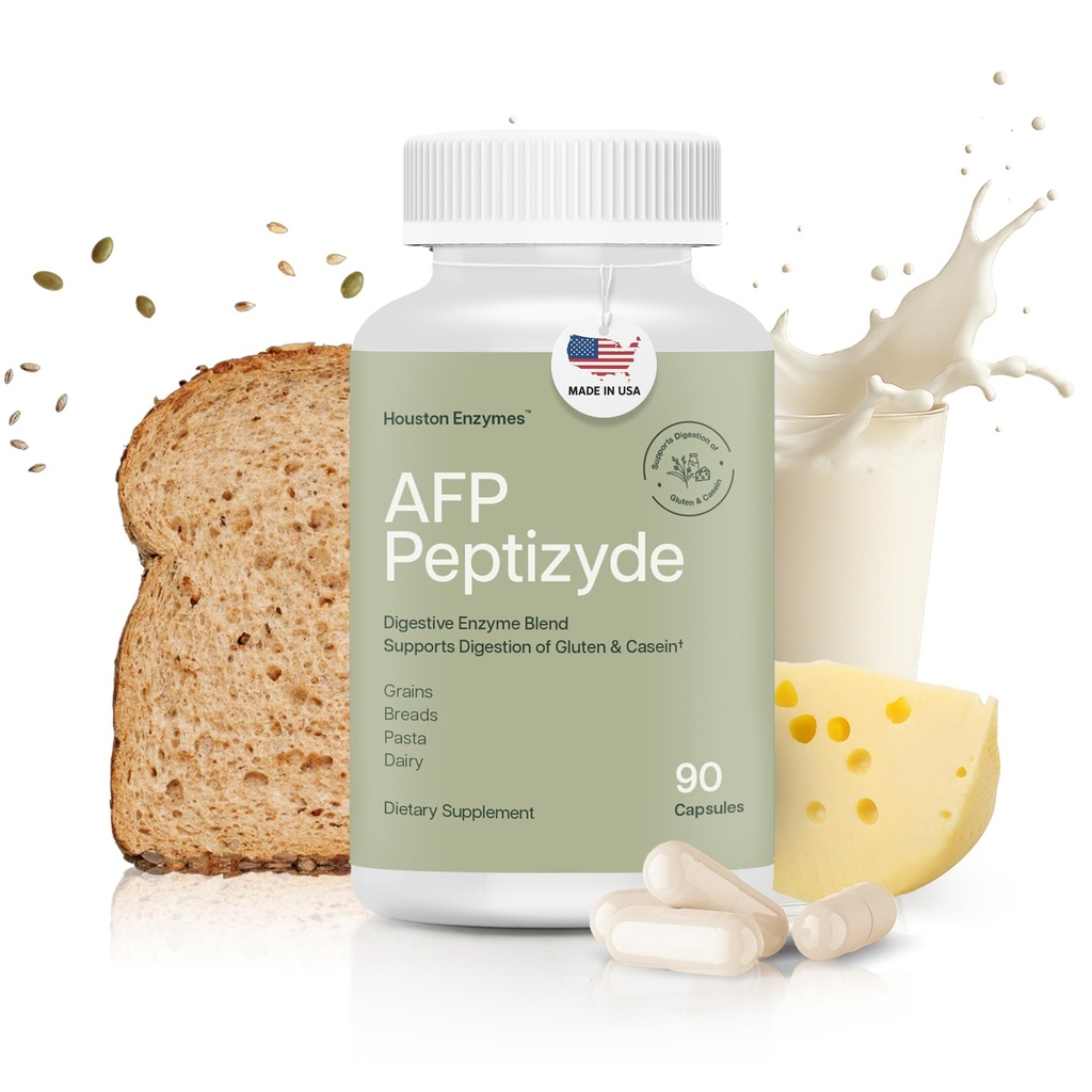 Enzime Houston AFP Peptizyde - Combinaţie enzimatică digestivă pentru proteine, proteine cazeină şi gluten - enzime digestive pentru femei şi bărbaţi (90 capsule)