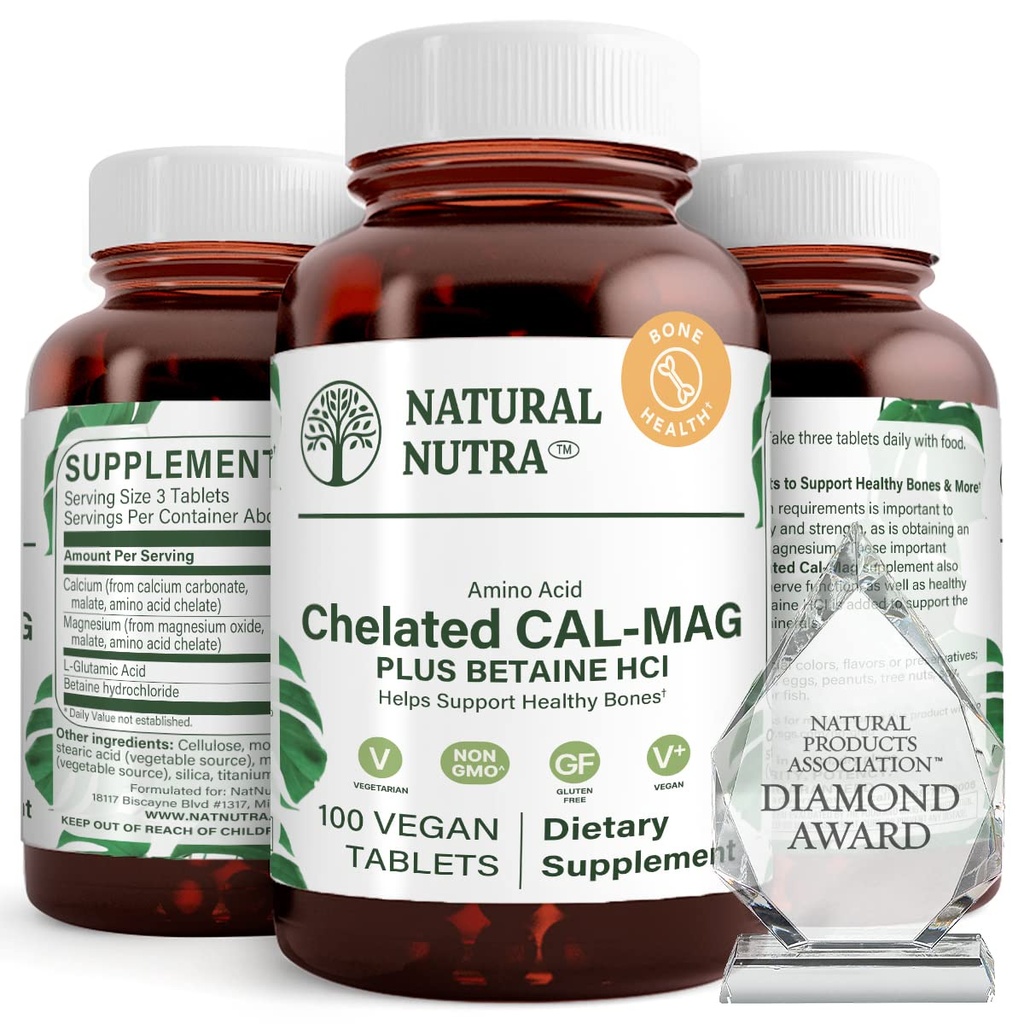 Natural Nutra Chelated Calciu Magneziu 1000/500 mg Suplimente Plus Betaina HCL - Calul Chelated Mag Îmbunătățește Densitatea oaselor, Suporturi musculare, Dinți, Cardiovascular & Nervie Sănătate, 100 comprimate Vegan