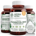 Natural Nutra Chelated Calciu Magneziu 1000/500 mg Suplimente Plus Betaina HCL - Calul Chelated Mag Îmbunătățește Densitatea oaselor, Suporturi musculare, Dinți, Cardiovascular & Nervie Sănătate, 100 comprimate Vegan