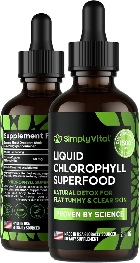 Pur și simpluVital Clorofila picături lichide pentru piele curată și energie Boost - supliment de sprijin imun - Made in USA - Clorofila lichida pentru sanatate guta - Deodorant intern - Antioxidant - 2 FL OZ