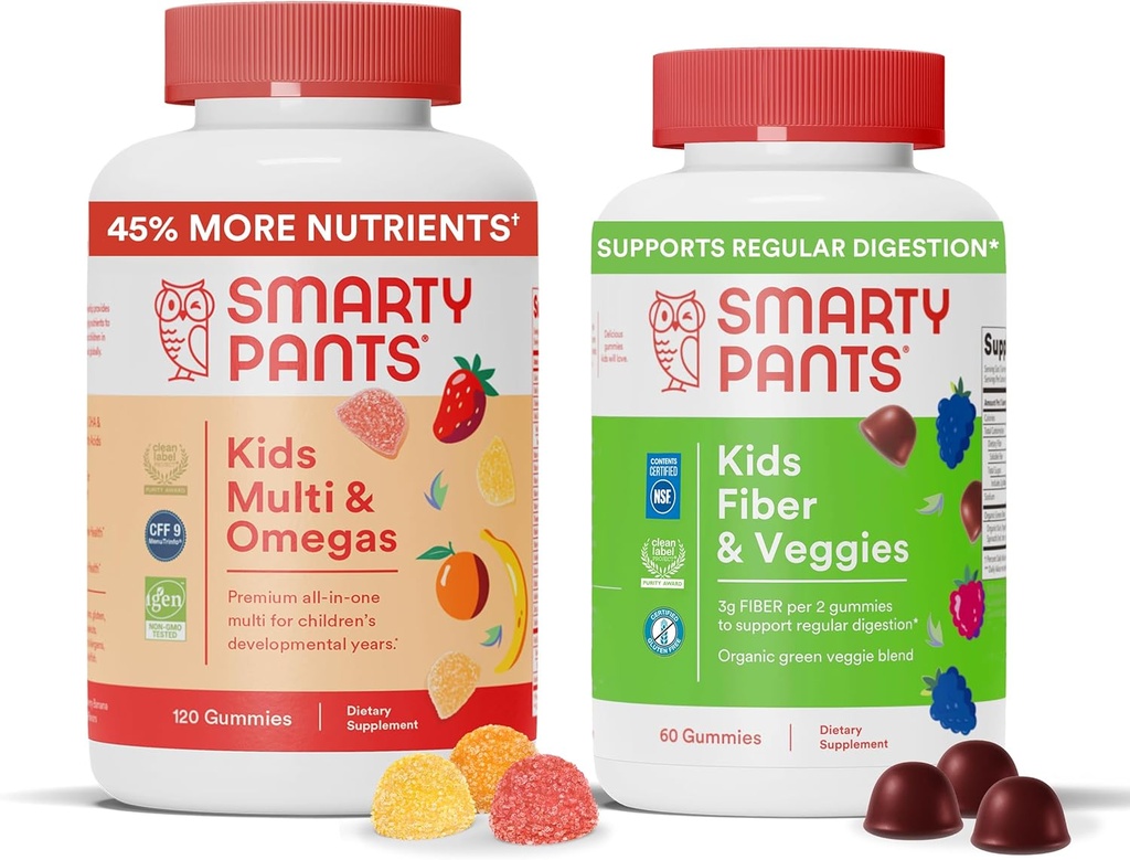 SmartyPants Kids Multivitamine + Fiber & Veggie Bundle: Omega 3 Ulei de pește, Prebiotic Fiber, Gluten-Free, Trei arome de fructe și Berry mixte, Multi & Omegas (120 Conte) + Fibră și legume (60 Count)