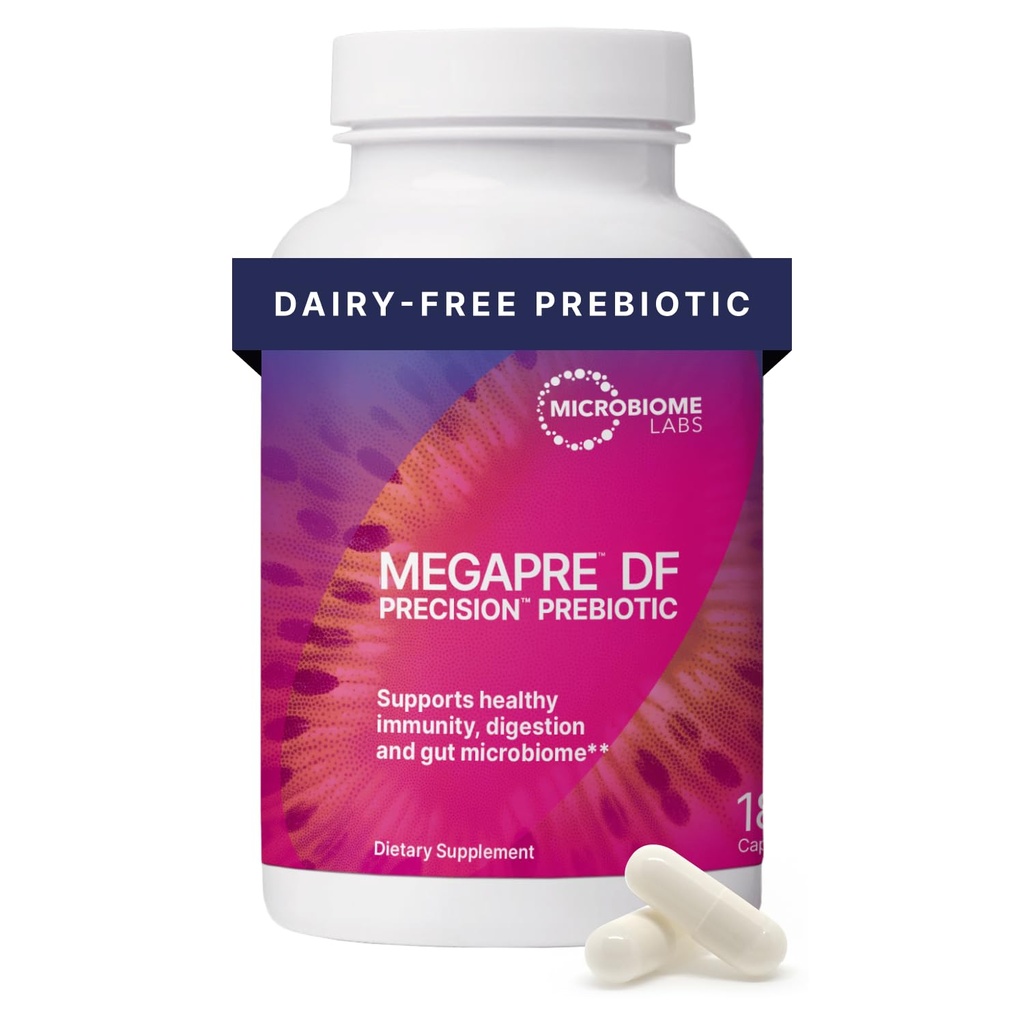 Microbiome Labs MegaPre DF - Dairy-Free Prebiotic Fiber Supplement - Gut Health Prebiotice pentru femei, Men & Kids 3+ - Suport Microbial Diversity (180 capsule)