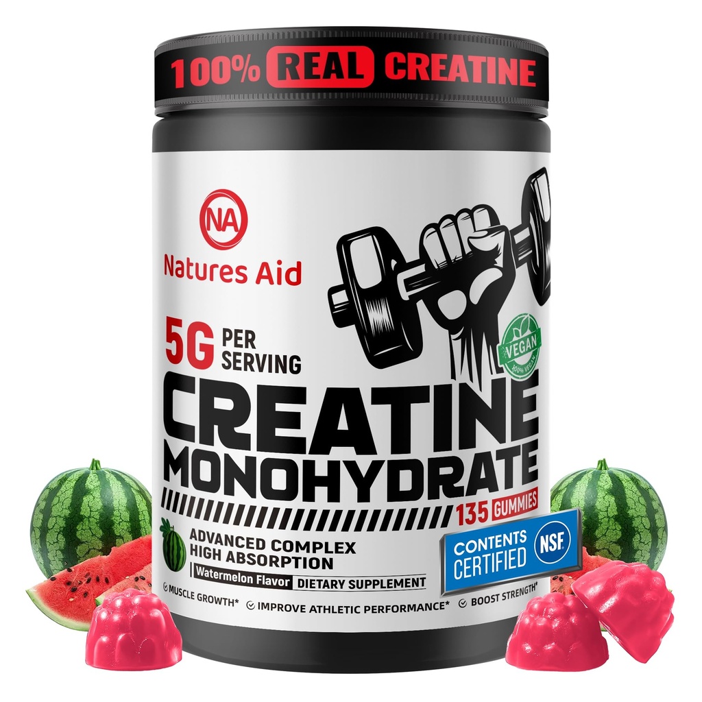Natures Aid NSF Certified Creatine Monohydrate Gummies for Men & Women, Watermelon 135CT