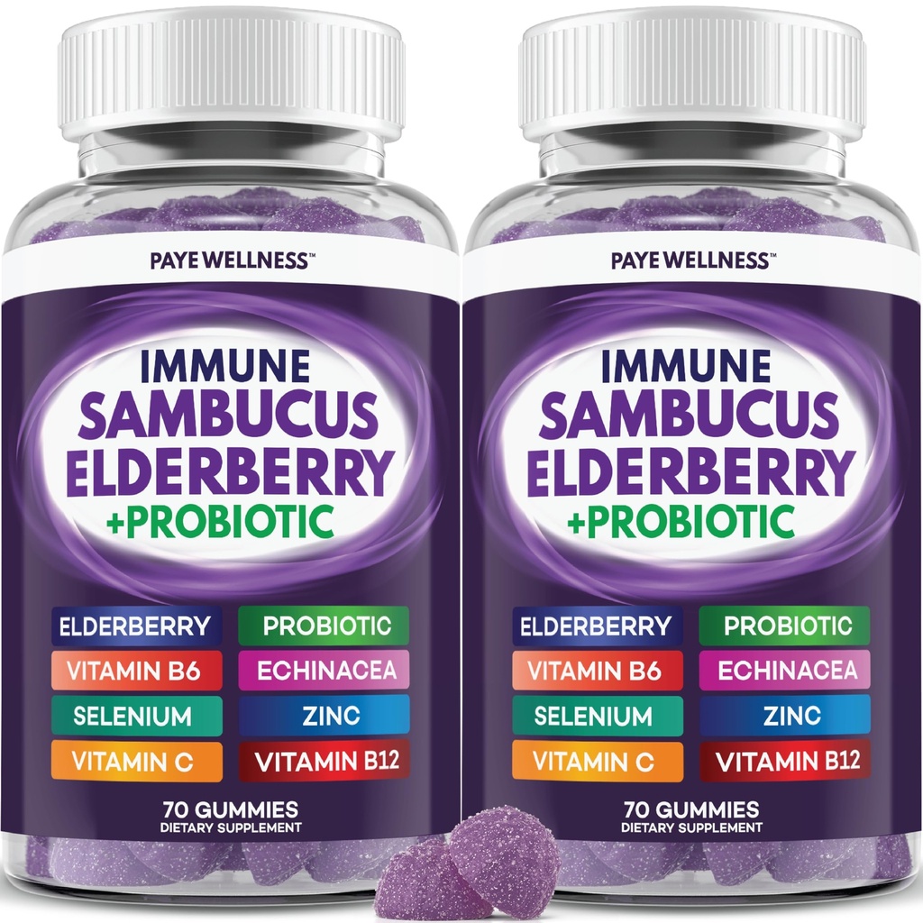 Elderberry Gummies Immune Support, Daily Support for Kids and Adults*, with Sambucus Elderberry, Zinc, Vitamina C, D3, B6, B12, Plus - Dietary Supplement - 140 Count
