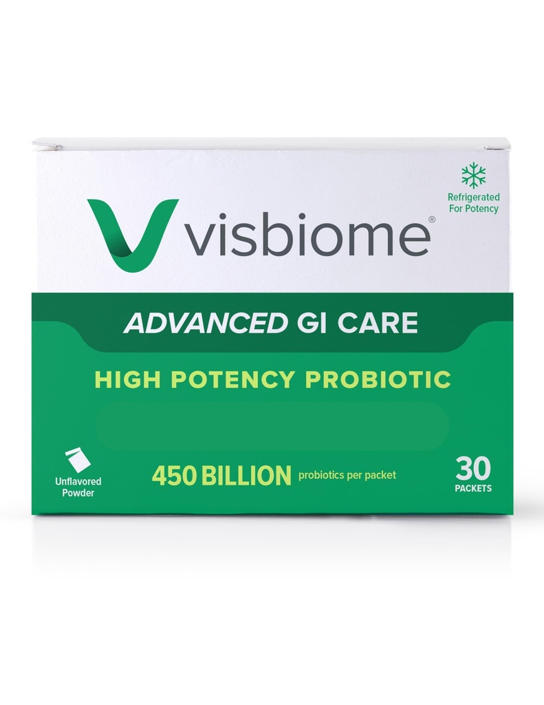 Visbiome® Advanced GI Care - High Potence Probiotic 450 Miliarde Putere - 30 Pachete Pudra nearomata - Original De Simone Formulation - Shiped Rece in Recical Cooler cu Monitor de Temperaturi.