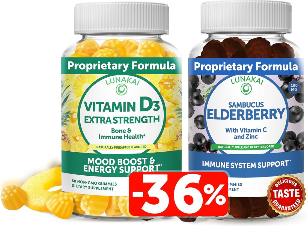 Lunakai Vitamina D3 și Gumiile de soc Bundle - Imunitate, Bone și Mood Supplement pentru adulți și copii - non-GMO, fără sirop de porumb, Toate Guma Naturală