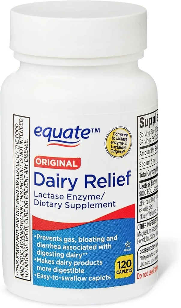 Dairy Relief Caplets, Original, Lactase Enzyme, 120 de pastile de Equate (Pachet de 1) + Sticker