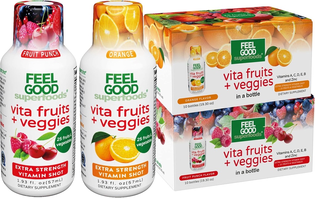 Simțiți-vă bine Superfoods Vita fructe și legume Suport imunitar Shot Suplimente, 25 de fructe organice și legume, gata să bea Booster imunitate, Orange și fructe Punch Flavor, Combo Pack de 20