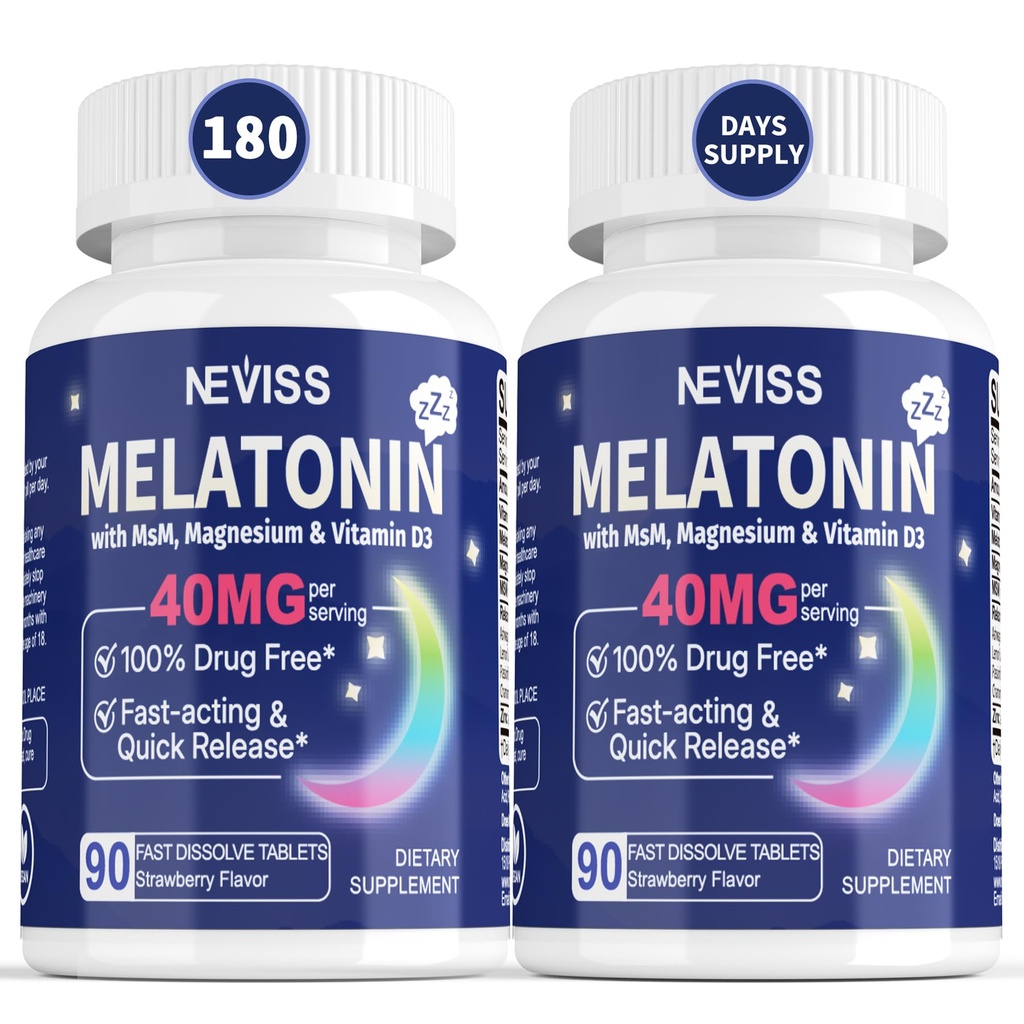Melatonina 40 mg pentru adulţi - Suplimentul de somn sublingual rapid dizolvabil şi sublingual - Melatonină extra-concentraţie cu vitamina D3 & MSM, Seleniu pentru ciclul de odihnă în sănătate, Zzzs Deep, Zahar-Free, 180 Servings