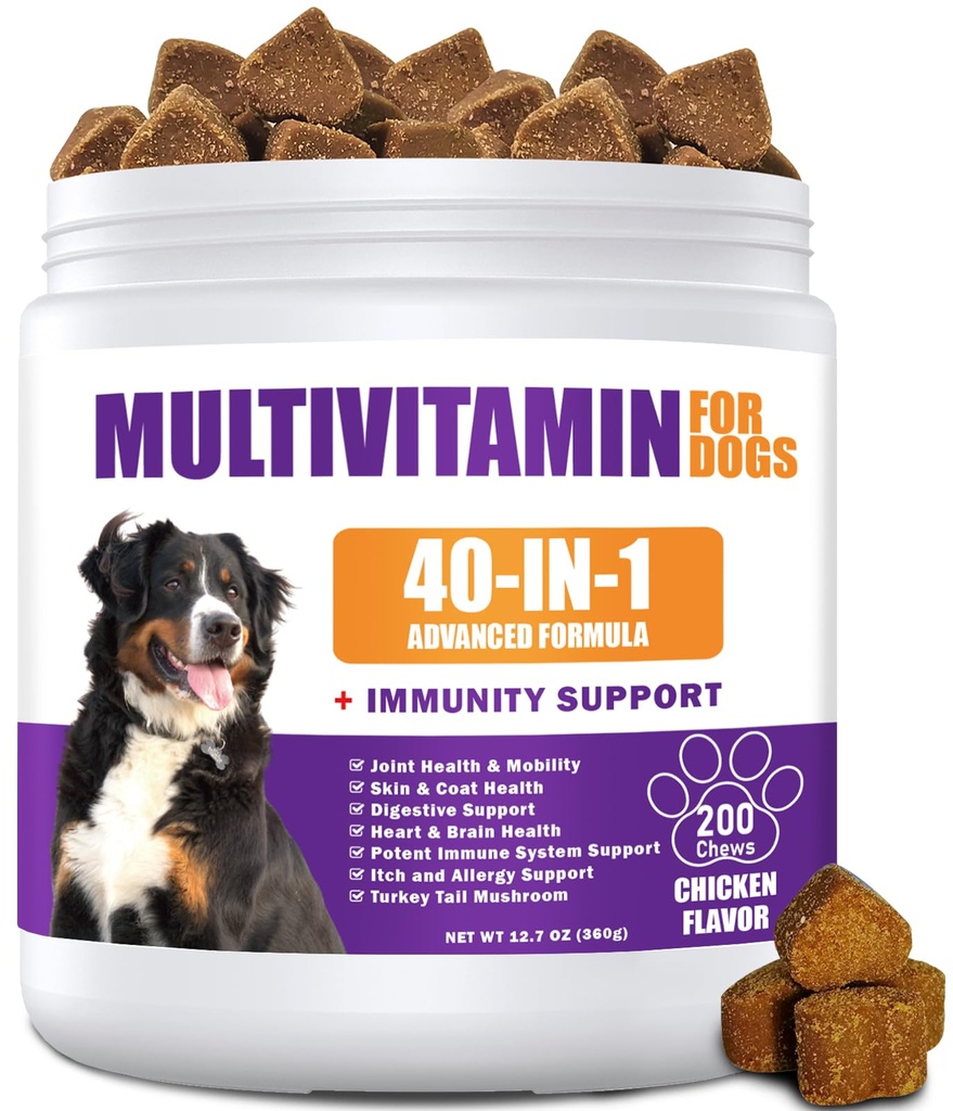 40 in 1 Dog Vitamins and Supplements 200Ct Dog Multivitamin Chewable, Immunity Support Multivitamin Vitamins with Turkey Tail Mushroom, Skin & Coat, Mobility, Gut & Heart Health, Hip & Joint Support