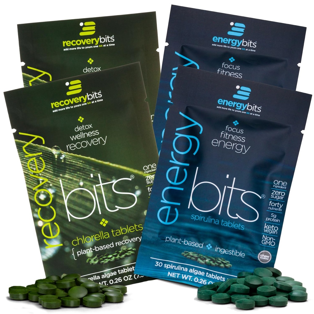 Energybits/RECOVERYbits - Organic Spirulina & Chlorella Tablets - Pachete cu mostre de unică servire - Algae Superfood - Proteină înaltă, Clorofilă - Autoîngrijire - Vegan, Keto, Gluten Free - 4 Bags, 30/Bag