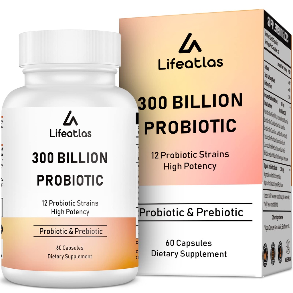 300 miliarde Probiotice CFU - Probiotice pentru femei si barbati, 12 tulpini probiotice Plus Prebiotice, pentru imune si digestive, sanatate gutoasa, gaz de balonare, Stabile de valabilitate - 60 capace