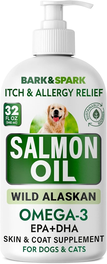 BARK&SPARK Ulei de somon pentru câini și pisici - Omega-3 natural ulei de pește pentru câini - Skin & Coat Support - Liquid Food Supplement pentru animale de companie - EPA+DHA Acid gras pentru funcţie comună, Imun & Heart Health 32oz