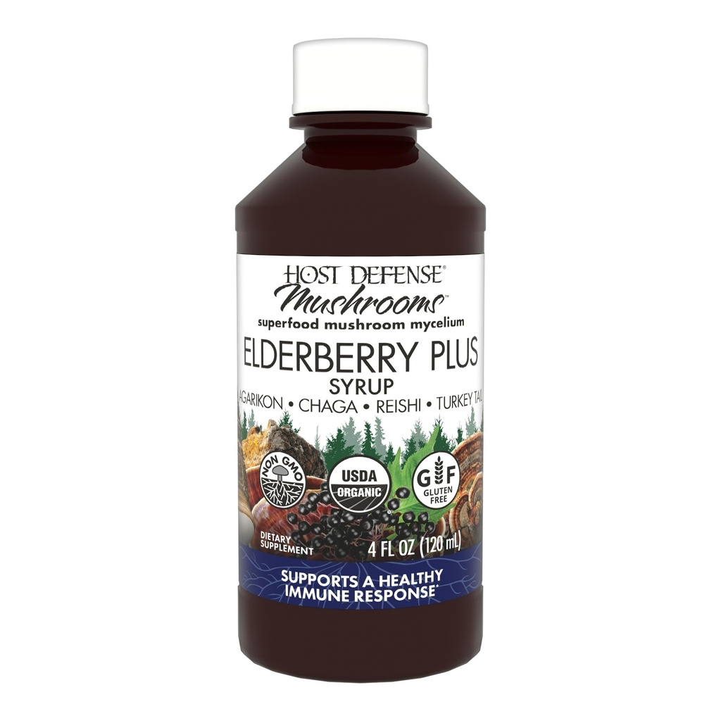 Hosted Defense Elderberry Plus Syrup - Immune, Respirator & Lung Supplement* - Liquid Mushroom Supplement with Turkey Tail, Reishi, Agarikon & Chaga* - 4 fl oz (12 Servings)
