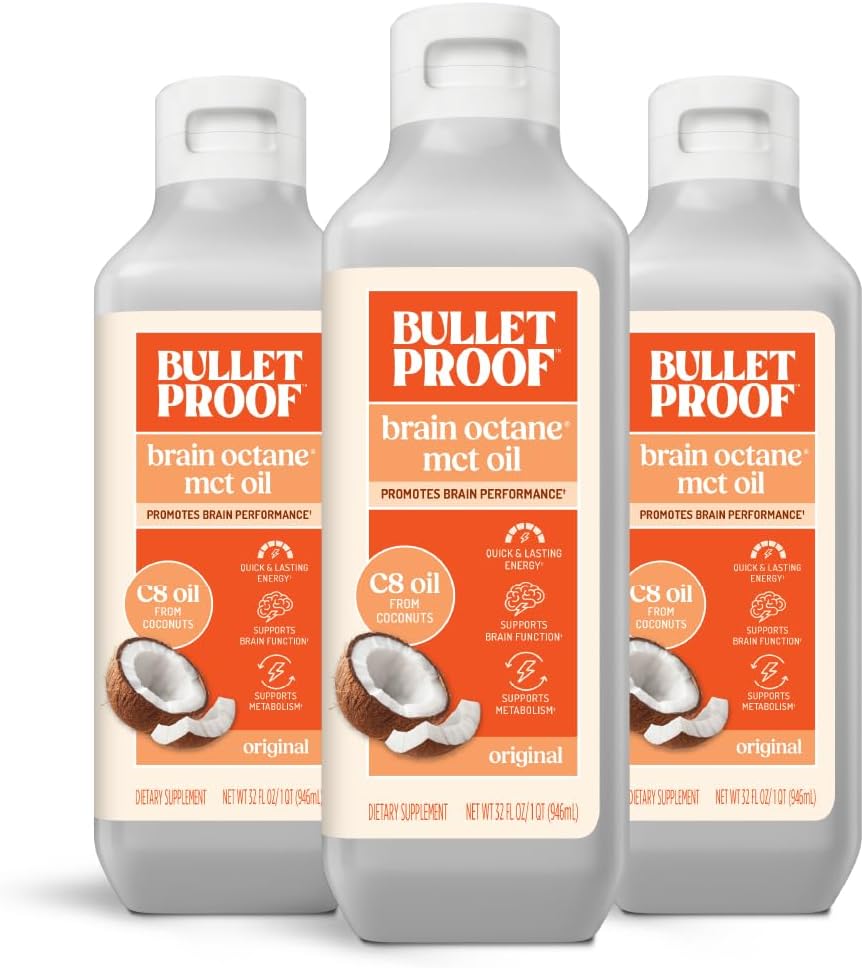 Bulletproof Brain Octane C8 Ulei MCT, 32 Ounces (Pachetul de 3), Keto Supliment pentru sustinerea energiei si suport de strivire