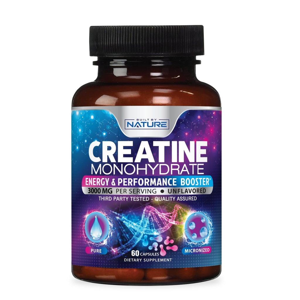 Construit de Nature Creatine Pastile monohidrate - Micronited Creatine Supplement for Men & Women - Forţa musculară, Energie, Rezistenţă şi recuperare - Gluten-Free, Vegan, Non-GMO - 60 Capsule
