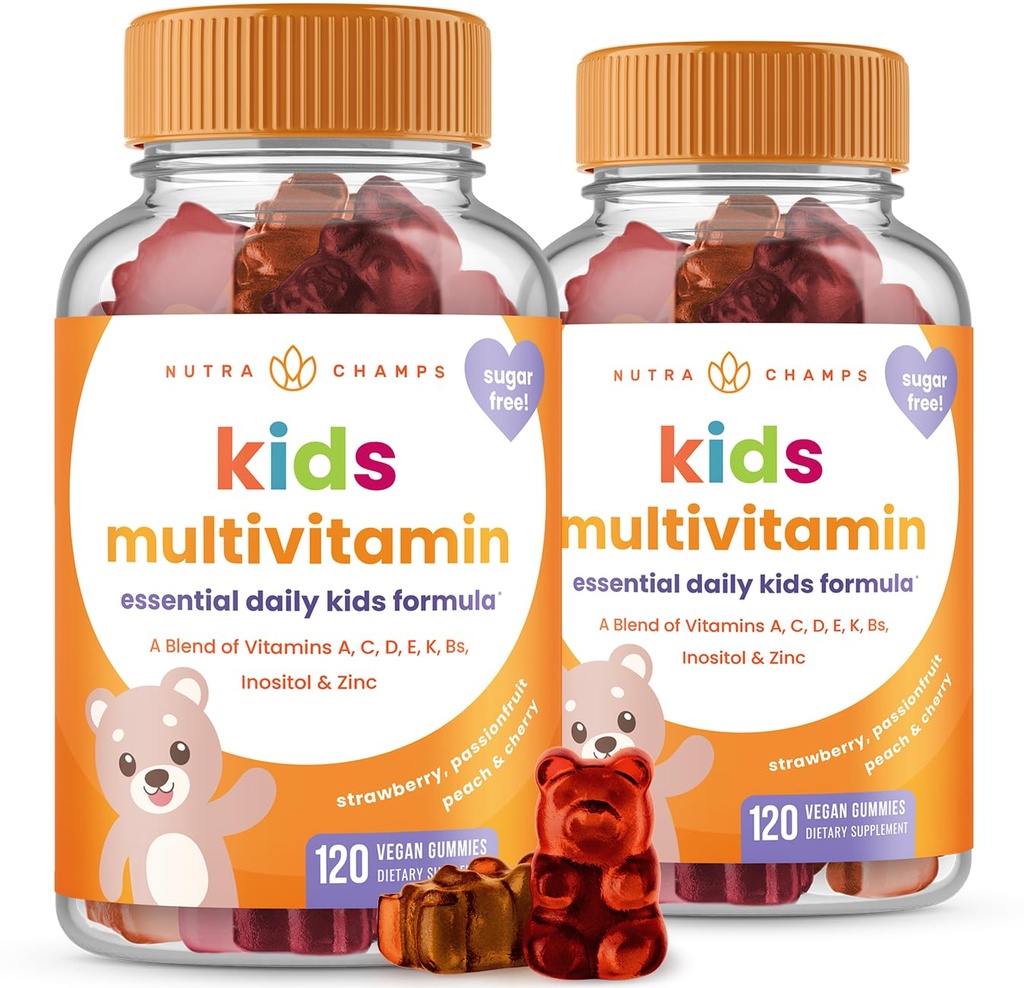 NutraChamps 120 Gummy Vitamine pentru copii (Pachetul de 2), Sugar Free Kids Vitamine Gummy Multivitamine, Vegan & Non-GMO, Căpșuni, Pasiuni, Peach & Cherry