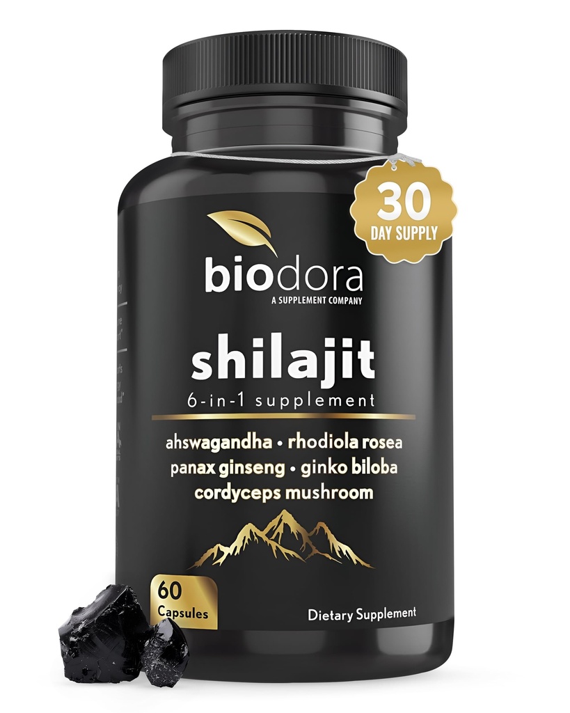 6-in-1 Silajit Supliment 300mg, Mood si suport energetic Supliment cu 60mg Pure Ashwagandha, Rhodiola Rosea Panax Ginseng pentru Suport Imun, Memorie si Focus, 85+ Trace Minerale, 60 Capsule