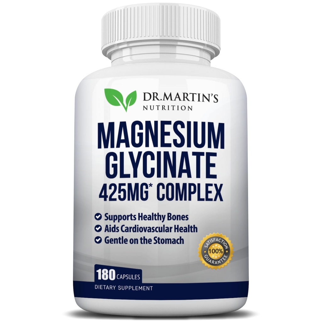 Glicinat de magneziu Premium 425mg - 180 Capsule Vegane - Ajuta cu Stres Relief, Somn, Crampe musculare & Inima Sanatos