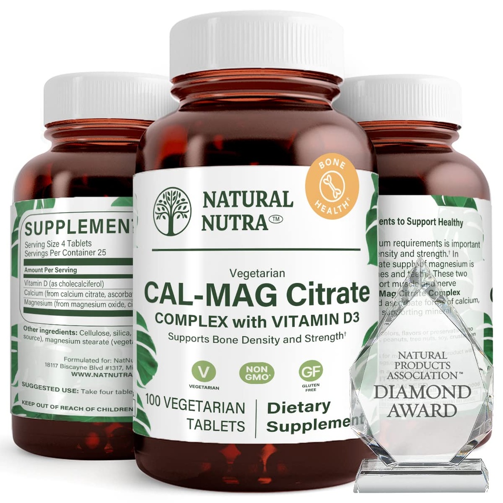 Natural Nutra Cal-Mag Citrate cu vitamina D3,1000/500 mg Complex, Consolidarea Densității osoase, musculare și sănătatea nervoasă, Ajuta la menținerea dinți sănătoși, surse foarte biodisponibile, 100 comprimate Vegan