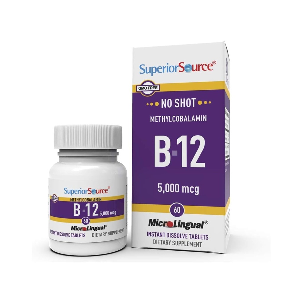 Sursă superioară Nu Shot Metilcobalamină B-12 5000 mcg - Vitamina B-12 pentru a sprijini producția de energie, sănătate cerebrală și wellness generală - Tablete sublinguale pentru absorbție rapidă - 60 comprimate de eliminare