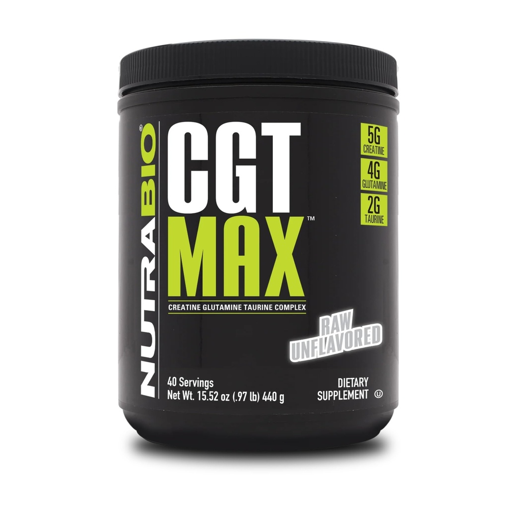 NutraBio CGT-MAX pulbere- Creatină, glutamina și taurina pentru a sprijini recuperarea musculară și puterea - 40 Serviri - Nearomatizate